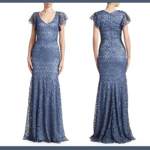 NWT $795 Theia Flutter-Sleeve Lace Trumpet Gown in Cornflower Blue [ SZ 6 ] E949